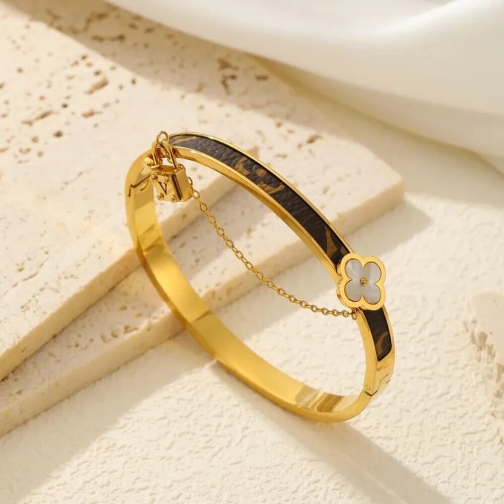 18K Gold Plated Stainless Steel Luxe Patterned Faux Leather Statement Bangle